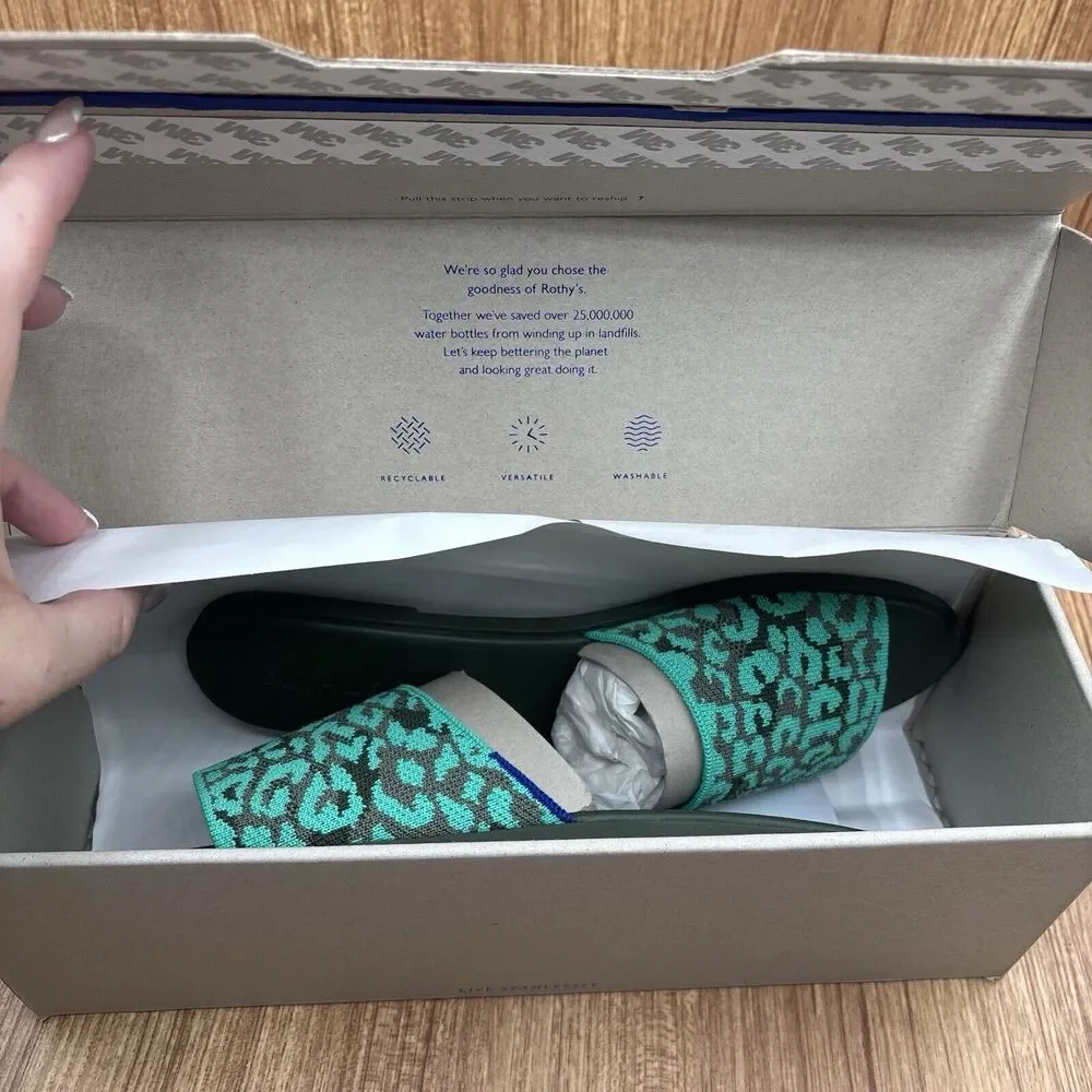 Rothy's The Slide Size US 8.5 Aqua Camo Spot Slip On Flats‎ Sandal RETIRED New